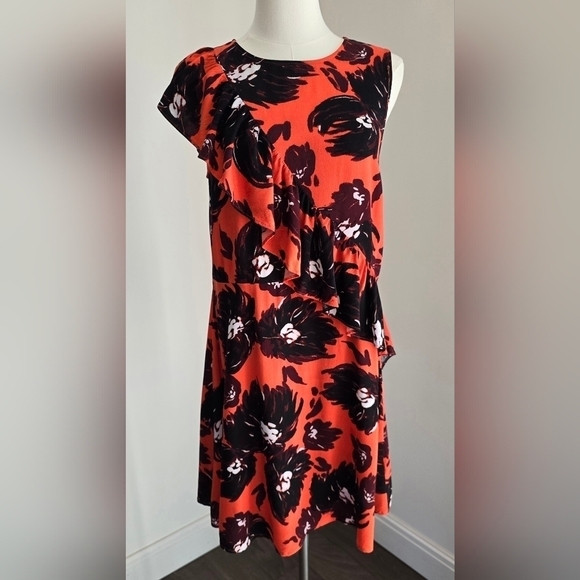 A New Day Dresses & Skirts - A New Day Flirty Floral Orange & Black Sleeveless Ruffle Shoulder Dress Sz. XS